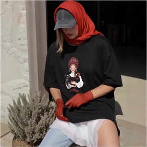 T-shirt Oversize pour Femmes en Pur Coton avec Impression de Figures Ethniques Style Slave Manches Courtes Col Rond