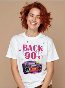 Detail of white cotton T-shirt featuring a retro 90s vintage radio print on the chest