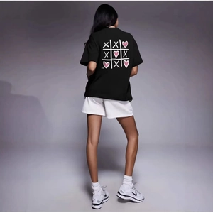 T-Shirt à Manches Courtes pour Femmes en 100 Pour Cent Coton Imprimé Graphique Cœur au Dos Coupe Large Col Rond