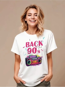 Detail of white cotton T-shirt with retro 90's boombox print and vintage pink lettering