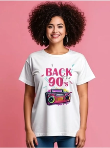 Detail of white cotton T-shirt featuring a colorful retro 90s boombox graphic print
