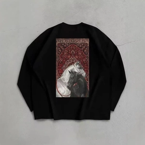 Black long-sleeve cotton T-shirt featuring a realistic twin horse print on the back