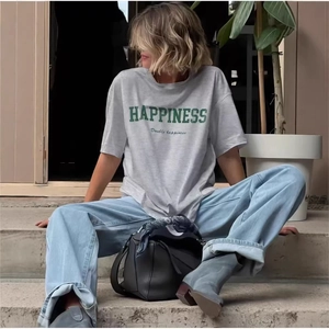Women Casual Pure Cotton T-Shirt Happiness Letter Print Round Neck Short Sleeve Loose Oversized Streetwear Commuter Top