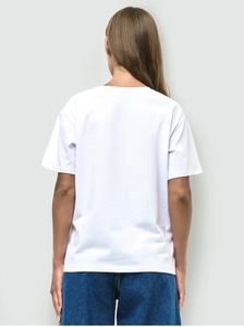 Rear view of minimalist white round neck short sleeve cotton T-shirt for women
