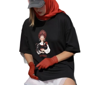 T-shirt noir oversize en coton avec imprimé vintage princesse russe et coq brodé