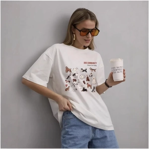 T-Shirt en Coton Imprimé Dog Community pour Femmes Ample Oversize Manches Courtes Col Rond Été Décontracté Graphic Tee
