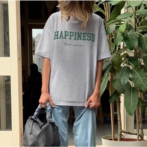 Grey 100% cotton T-shirt featuring green HAPPINESS graphic print in casual urban style