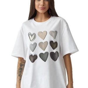 Women's white cotton T-shirt featuring a minimalist nine-grid heart print pattern