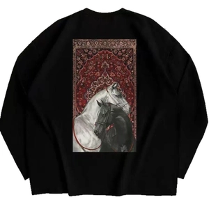 Men's black long sleeve cotton t-shirt with artistic horse print and red pattern on back