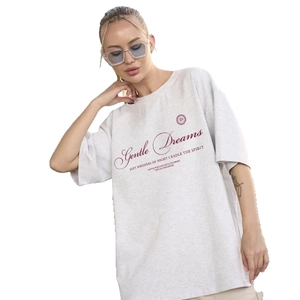 Oversized heather grey cotton t-shirt featuring red Gentle Dreams slogan for women