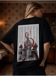 Detail of St. Basil's Cathedral graphic print on back of black cotton T-shirt