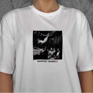 Women American Retro Oversized T-Shirt Pure Cotton Short Sleeve White Top Graphic Printed Manifest Yourself Fashion Tee
