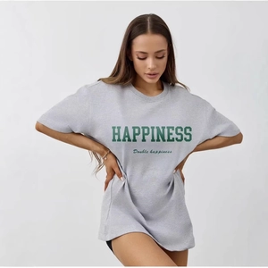 Oversized grey 100% cotton T-shirt with green Happiness collegiate lettering print