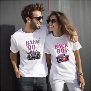 White 100% cotton T-shirt featuring retro Back To The 90s graphic print for couples
