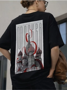 Street style view of black cotton T-shirt featuring Moscow cathedral back print