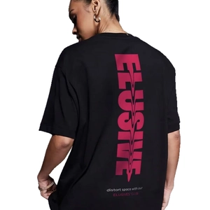 Oversized black cotton T-shirt featuring elusive pink graphic print on the back view