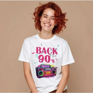 White cotton t-shirt featuring vintage Back to the 90's print and cassette graphics