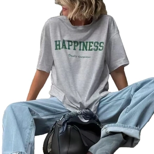 Classic light grey cotton T-shirt featuring vintage green Happiness print on front