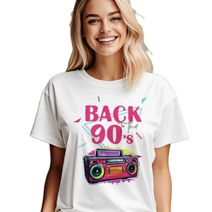 White cotton t-shirt featuring a vintage 90's radio print in a loose casual style