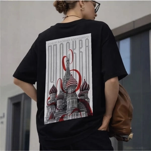 Women's black cotton t-shirt featuring a vintage Moscow Saint Basil's Cathedral back print