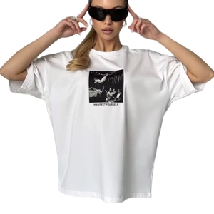 White oversized cotton T-shirt with Manifest Yourself graphic print and drop shoulders