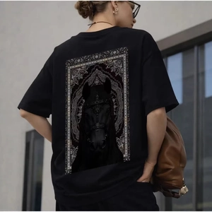 Men's black cotton t-shirt featuring gothic dark horse frame print on the back