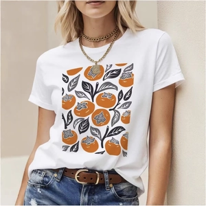 Women Cotton Round Neck T-Shirt Vintage Persimmon Fruit Print Loose Fit Mid-Length Short Sleeve Top Casual Daily Shirt