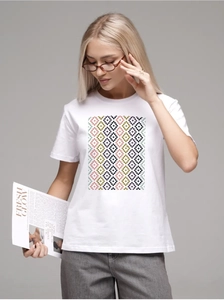 Detailed view of colorful geometric diamond pattern on white 100% cotton casual t-shirt