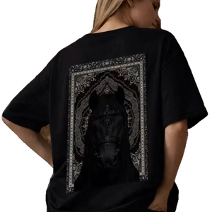 Men's oversized black cotton T-shirt featuring a baroque horse print on the back view