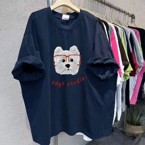 T-Shirt Manches Courtes en Coton Décontracté Américain Oversize Streetwear Imprimé Chien Dessin Animé Col Rond Top Été Unisex