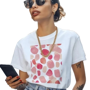 Women's white crew neck T-shirt featuring artistic pink abstract brushstroke patterns