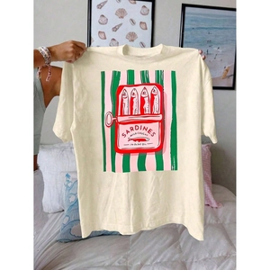 Off-white crew neck t-shirt with artistic sardines print for women in summer fashion