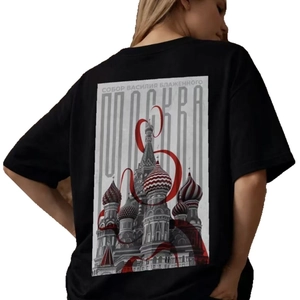 Oversized black cotton T-shirt with St. Basil's Cathedral graphic on the back
