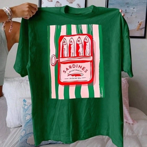 Women's dark green crewneck T-shirt with vintage sardines fish graphic print and soft cotton fabric