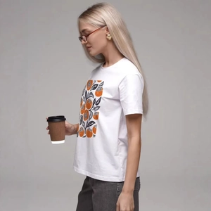 White cotton short sleeve t-shirt with orange persimmon print and round neck for women