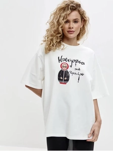 Detail of creative rock matryoshka print on a white oversized cotton t-shirt