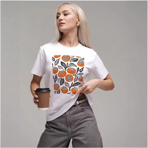 Classic white cotton T-shirt featuring a retro orange persimmon print with a crew neck cut