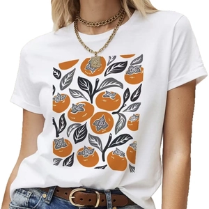 Women's white 100% cotton crewneck T-shirt with vibrant orange persimmon graphic print