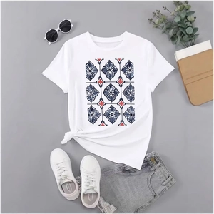 Women's 100% Cotton Floral Geometric Print T-Shirt Loose Casual Round Neck Short Sleeve Summer Graphic Tee Bohemian White