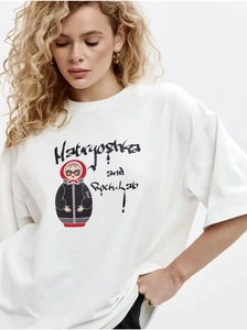 Detail of Matryoshka rock illustration on white cotton oversize t-shirt for women