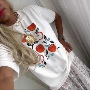 Maglietta da Donna Casual in Puro Cotone a Manica Corta Vestibilità Larga Stampa Artistica Mela Girocollo Moda Estiva
