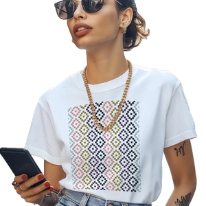 Women's 100% cotton white t-shirt featuring a retro pixelated geometric diamond print