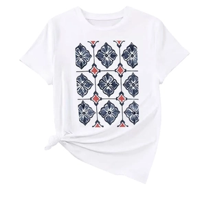 White cotton T-shirt with bohemian floral print and stylish front knot detail for summer