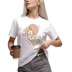 T-shirt en coton blanc avec motif de tigre et feuilles tropicales pour femmes
