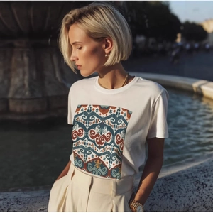 Women's Casual 100% Cotton Short Sleeve T-Shirt Ethnic Geometric Print Round Neck Loose Top For Summer White