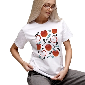 T-shirt da donna in 100% cotone bianco con stampa artistica di mele rosse e scollo a girocollo
