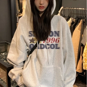Oversized light grey hoodie with American retro letter print and front kangaroo pocket