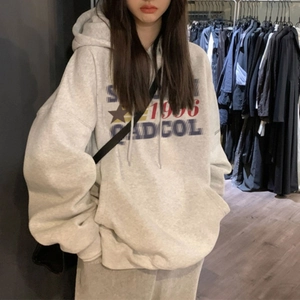 Oversized grey hoodie for women featuring retro 1996 graphic and loose drop shoulders