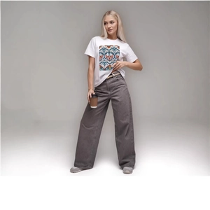 Women's white cotton T-shirt featuring a colorful geometric print and casual styling