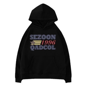 Black hooded sweatshirt with vintage graphic print and kangaroo pocket in casual style